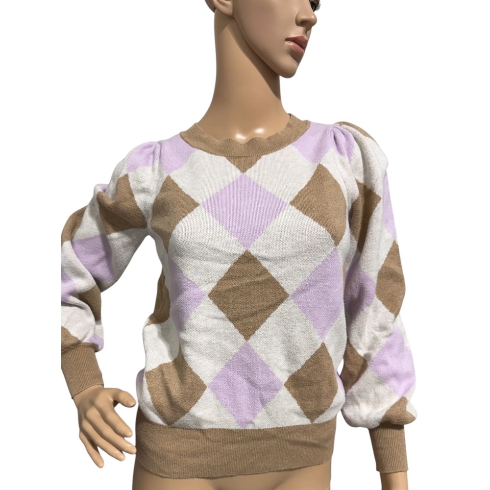 LOFT Argyle Sweater XS Pink Beige Cream Puff Sleeve Soft Knit Womens - Picture 6 of 6